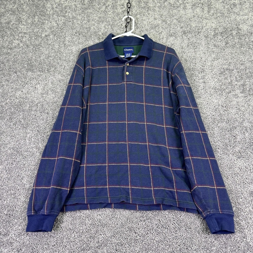 Catalina Polo Shirt Mens XL Blue Plaid Long Sleeve Cotton Knit Preppy Casual